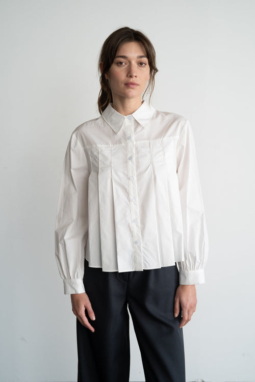 Pleated Poplin Button Down Shirt