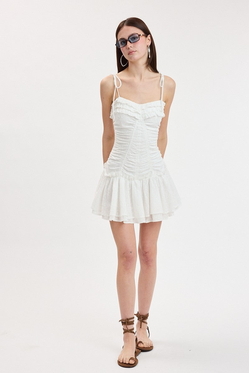 Eyelet Tie Strap Tiered Ruffle Mini Dress