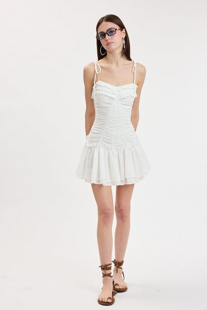 Eyelet Tie Strap Tiered Ruffle Mini Dress