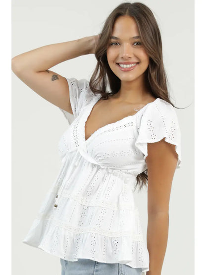 Flutter Sleeve Ruffle Detail Crochet Top
