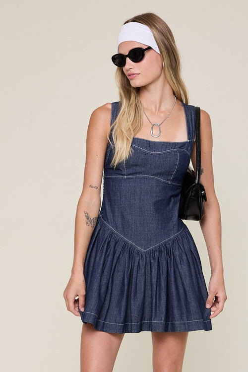 Crossed Strap Smocked Back Denim Mini