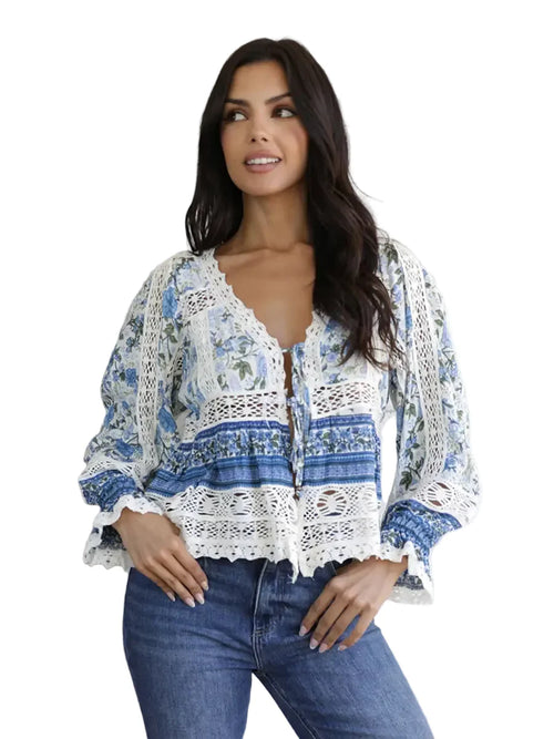 Lace Trim Tie Front Long Sleeve Blouse