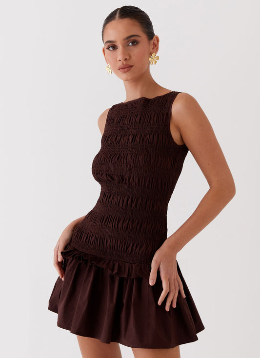 Garden Kisses Shirred Mini Dress - Chocolate