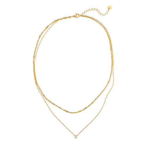 Multi-Layered Chain Necklace w/ Crystal Pendant