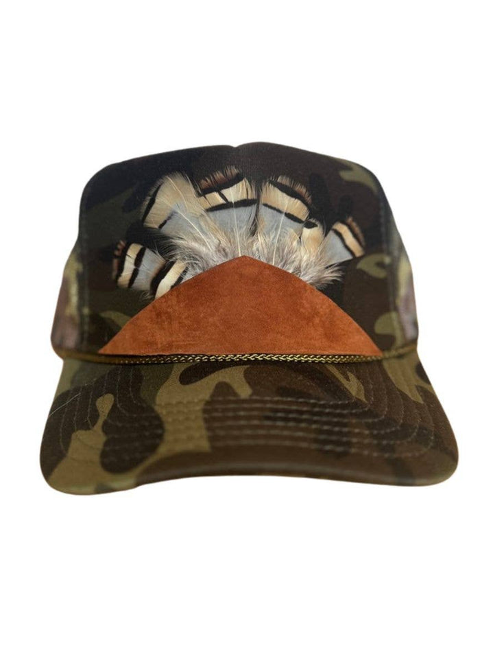 Allegra  Camo Trucker Leather Remnant + Feather Trim Hat