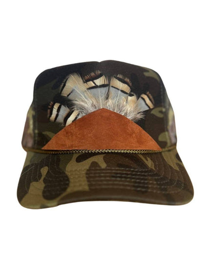 Allegra  Camo Trucker Leather Remnant + Feather Trim Hat