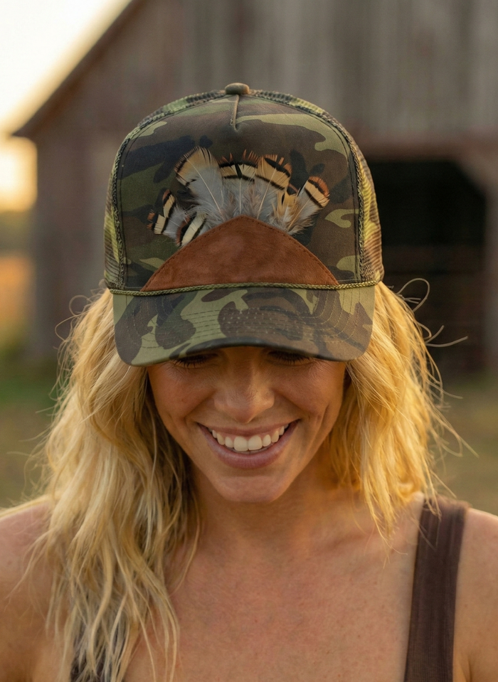 Allegra  Camo Trucker Leather Remnant + Feather Trim Hat