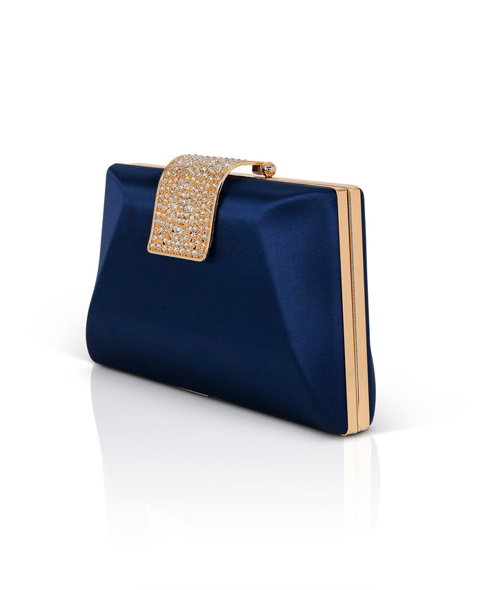 Navy | Amira Satin Faceted Trapezoid Minaudiere