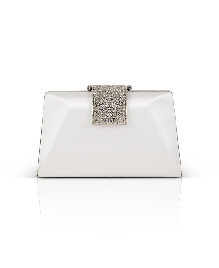 White | Amira Satin Faceted Trapezoid Minaudiere