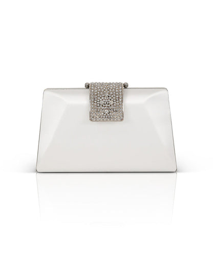 White | Amira Satin Faceted Trapezoid Minaudiere