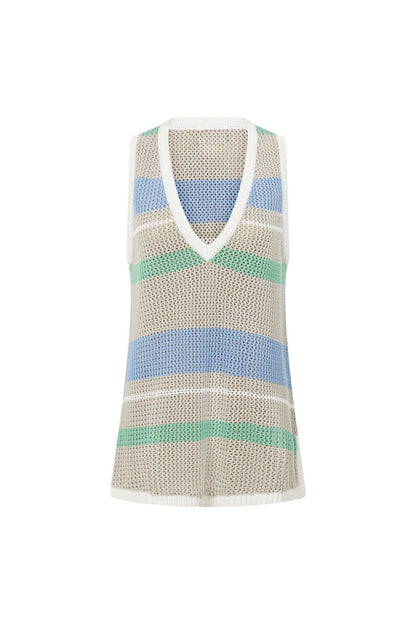 Astea V Neckline Knit Top - Grey, Green, Blue, White Stripe