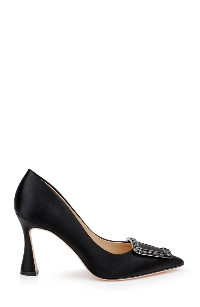 Black | Aubree Pointed Toe Stiletto Pumps with Crystal Buckle