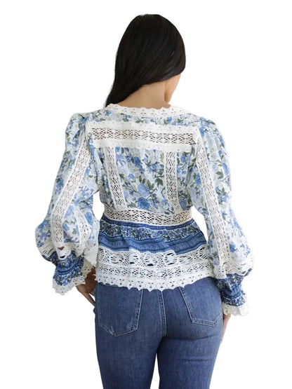 Lace Trim Tie Front Long Sleeve Blouse
