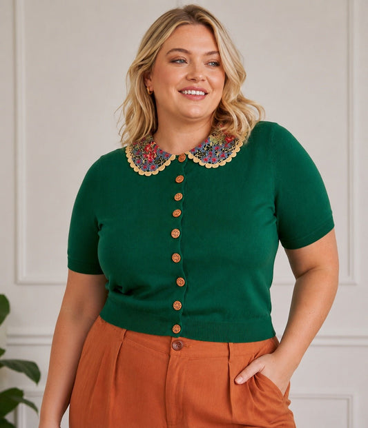Banned Plus Size Green Polly Floral Collar Cardigan