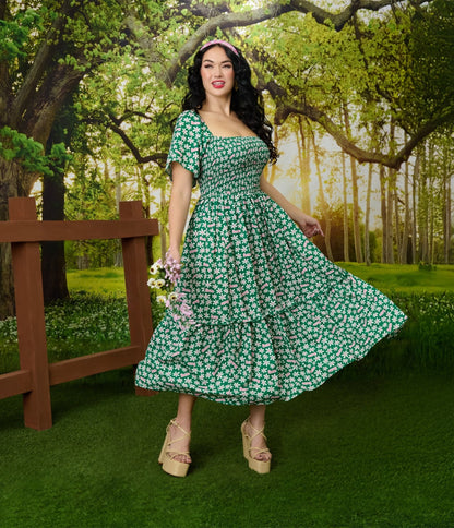 Barbie™ x Unique Vintage Green Ditzy Daisy Smocked Midi Dress