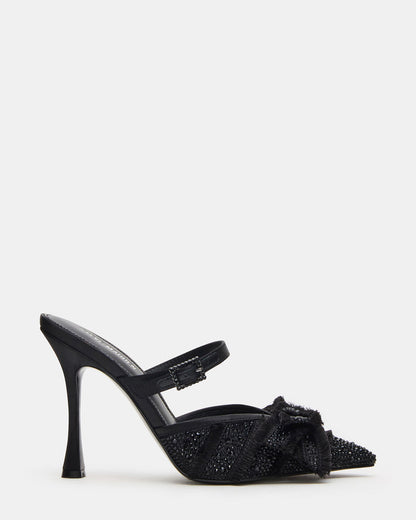 BAYLIN Black Satin Rhinestones Bow Pointed-Toe Stiletto Women's Heel | Steve Madden