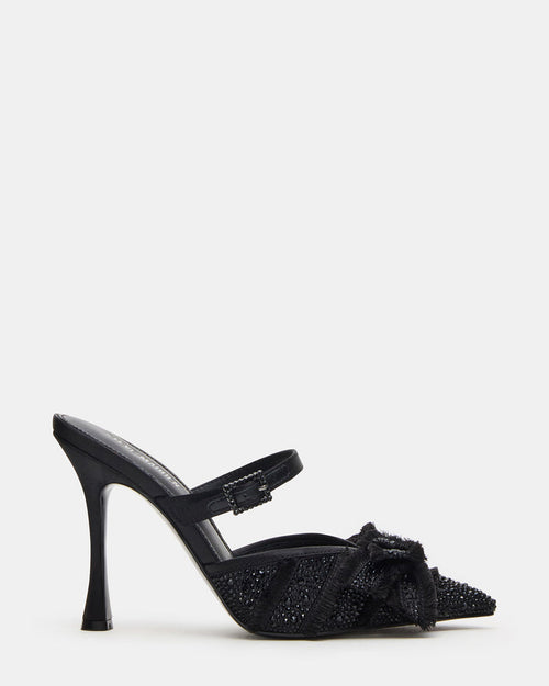 BAYLIN Black Satin Rhinestones Bow Pointed-Toe Stiletto Women's Heel | Steve Madden