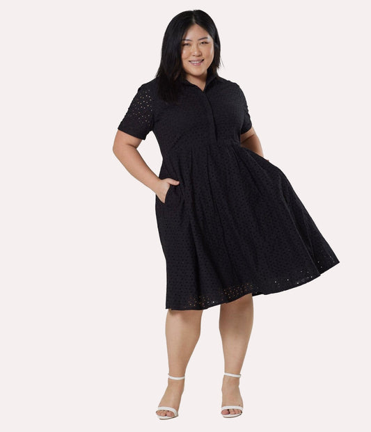 Black Eyelet Short Sleeve Swing Dress