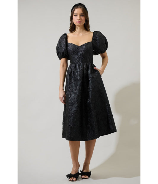 Black Floral Jacquard Puff Sleeve Midi Dress in Black