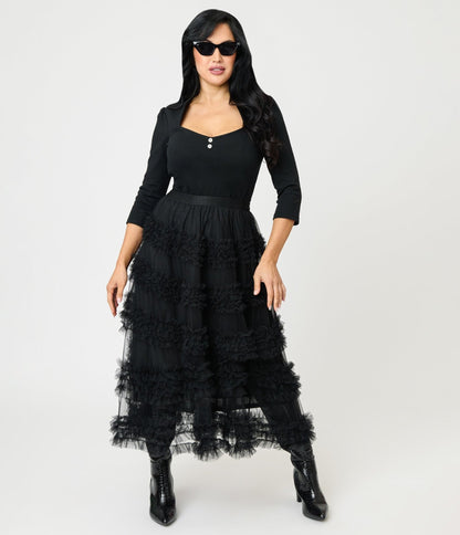 Black Mesh Ruffled Tier Midi Skirt