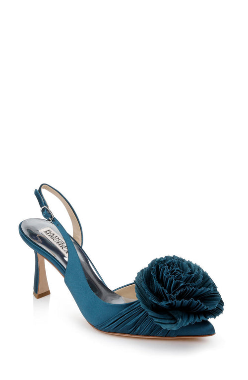 Dark Teal | Blaire Pleated Satin Slingback Heels with Floral Detail Front Side