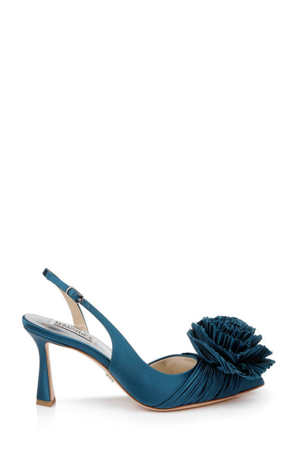 Dark Teal | Blaire Pleated Satin Slingback Heels with Floral Detail Side