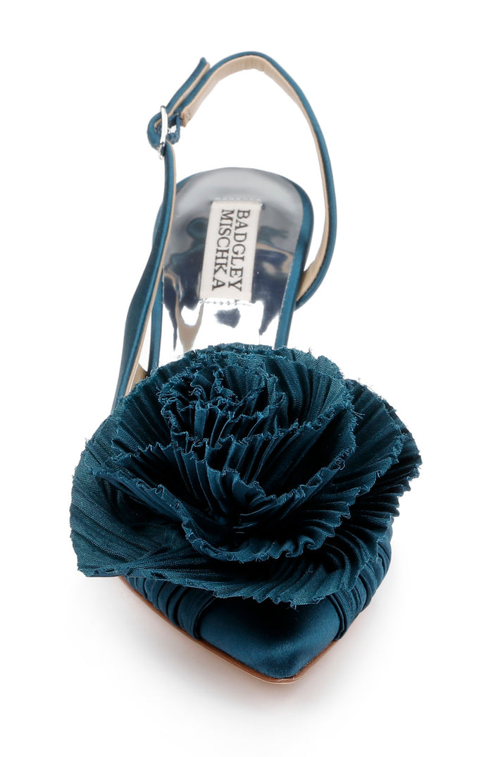 Dark Teal | Blaire Pleated Satin Slingback Heels with Floral Detail Front