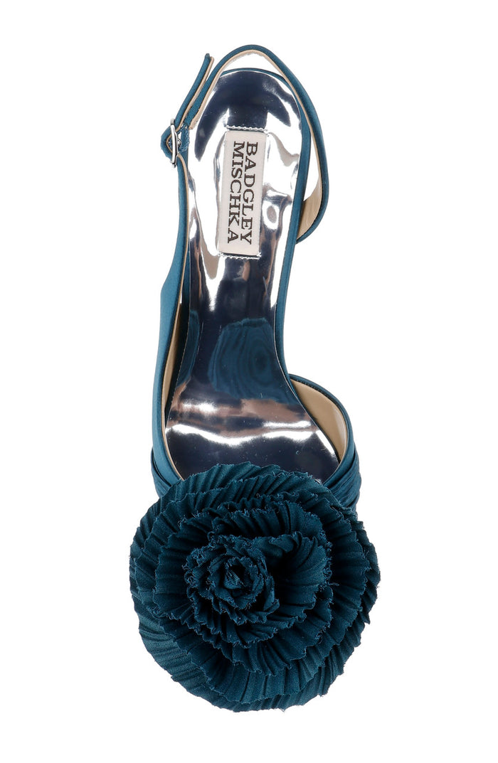 Dark Teal | Blaire Pleated Satin Slingback Heels with Floral Detail Top
