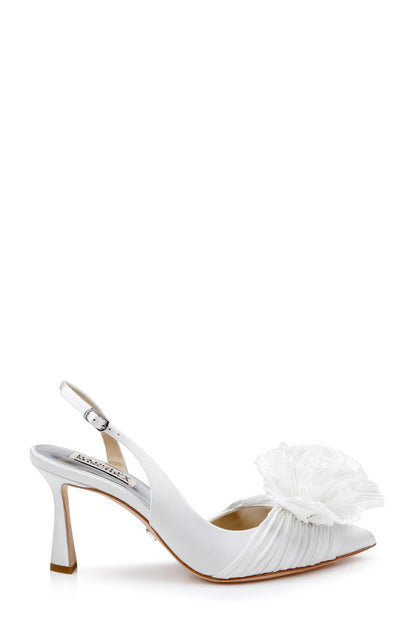 White | Blaire Pleated Satin Slingback Heels with Floral Detail Side