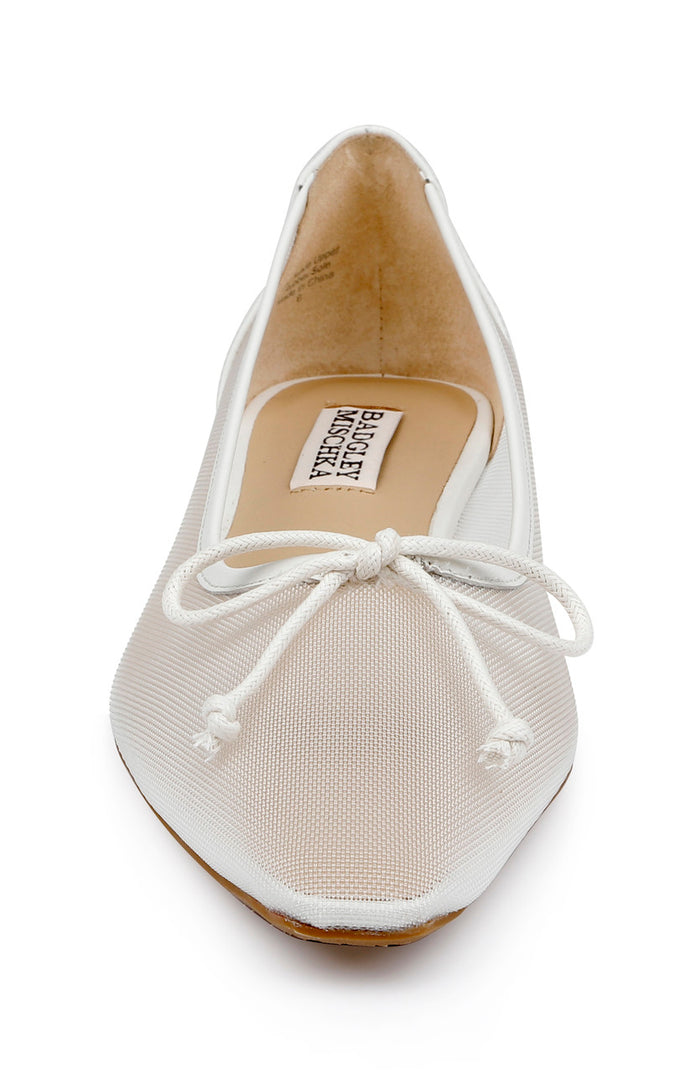 White Mesh | Cam Pointed Toe Leather Flats with Bow
