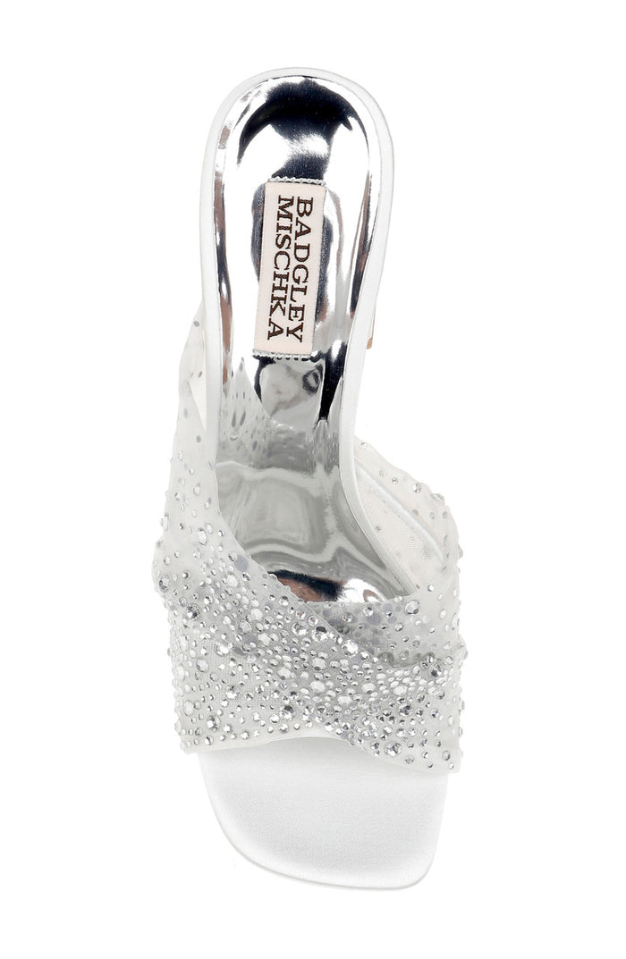 Soft White | Camelia Crystal-Embellished Peep-Toe Mules with Block Heel