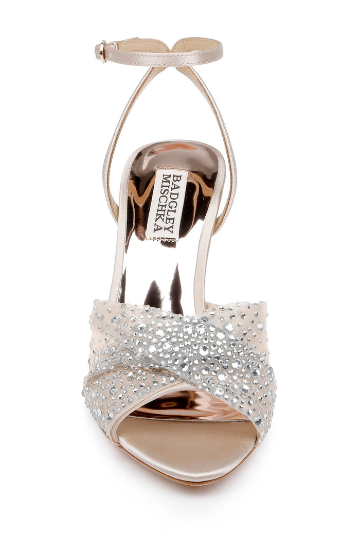 Nude | Cameryn Satin Peep-Toe Stiletto with Crystal-Embellished Mesh Overlay
