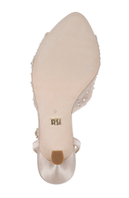 Nude | Cameryn Satin Peep-Toe Stiletto with Crystal-Embellished Mesh Overlay