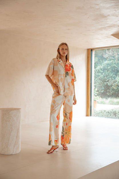 Chey Elasticated Tie Pants - Petal Scarf, Pink, White, Orange