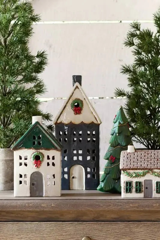 Christmas Tea Light House Blue with Wreath Large