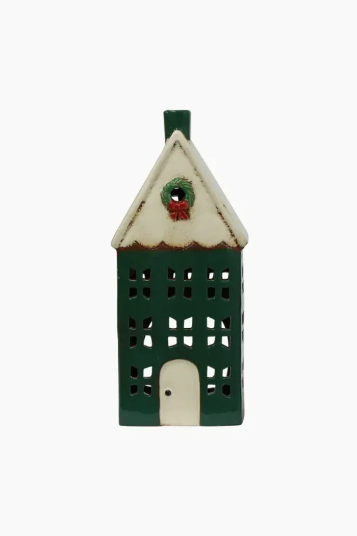 Christmas Tea Light House Green with Wreath Large