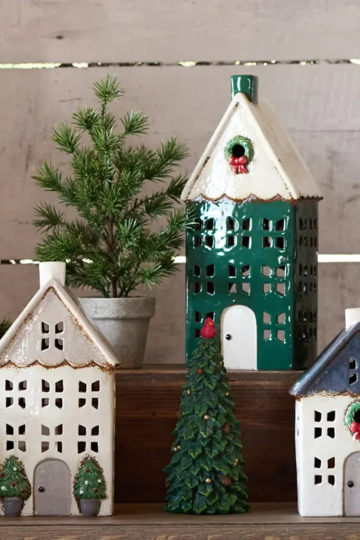 Christmas Tea Light House Green with Wreath Large