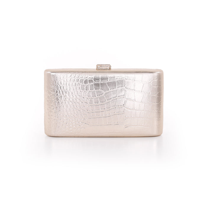 Gold | Croc Embossed Leather Crystal Clasp Mina Front