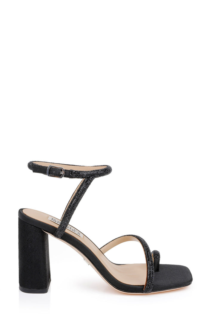 Black Crepe | Dalilah Strappy Bock Heel Sandals Side