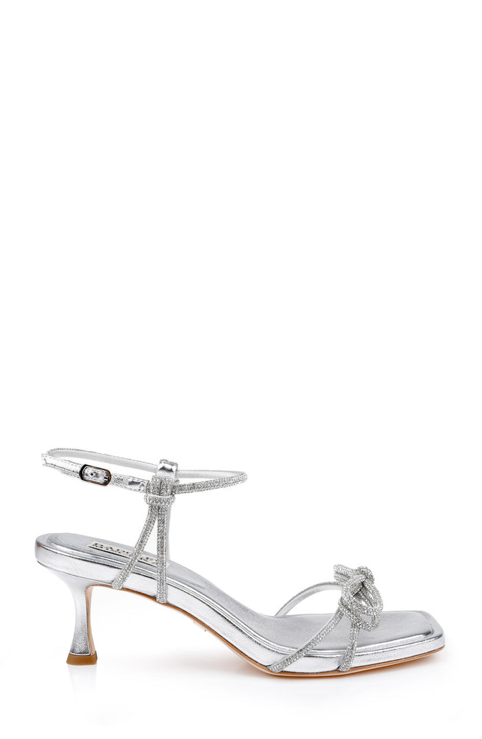 Silver Leather | Dandelion Ankle Strap Kitten Heel Sandals Side