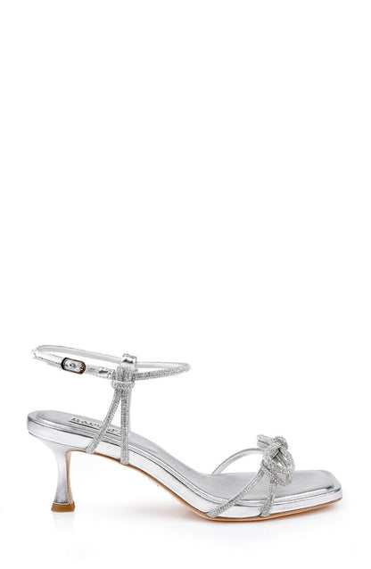 Silver Leather | Dandelion Ankle Strap Kitten Heel Sandals Side