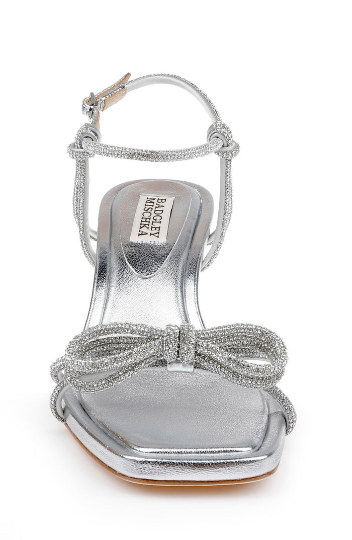 Silver Leather | Dandelion Ankle Strap Kitten Heel Sandals Front