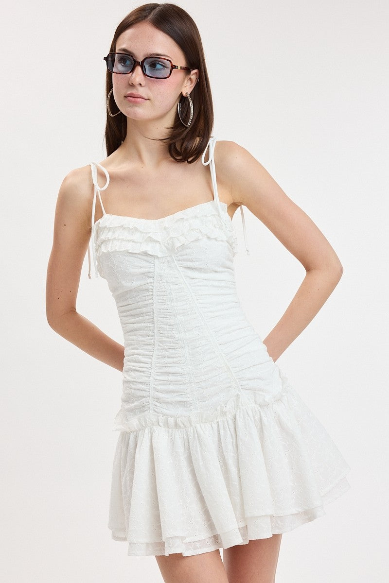 Eyelet Tie Strap Tiered Ruffle Mini Dress