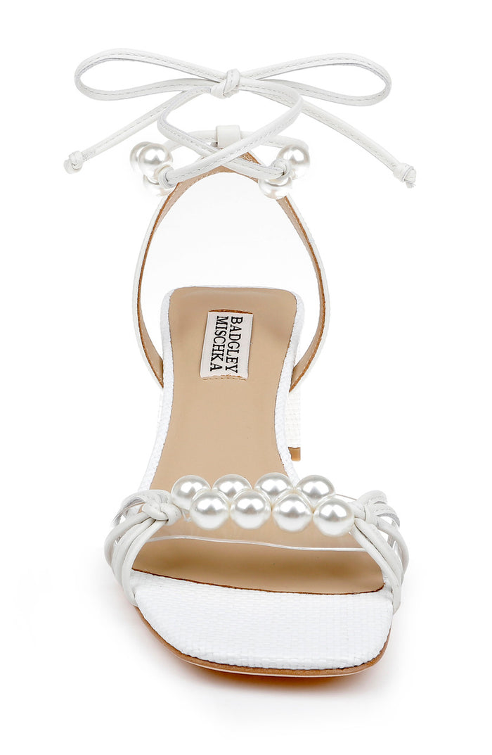 White Leather | Deja Ankle Tie Low Block Sandals Front