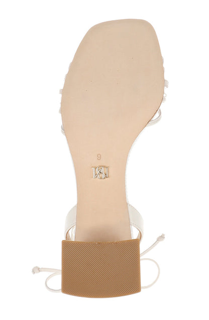 White Leather | Deja Ankle Tie Low Block Sandals Sole