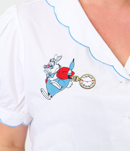 Disney Alice In Wonderland Collection By Smak Parlour Plus Size White Rabbit Embroidered Puff Sleeve Top