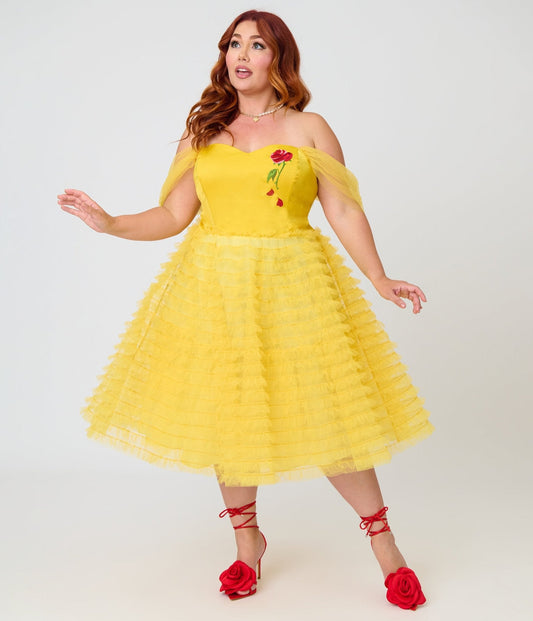 Disney Beauty & the Beast Collection by Unique Vintage Plus Size Yellow Mesh Tulle Belle Swing Dress