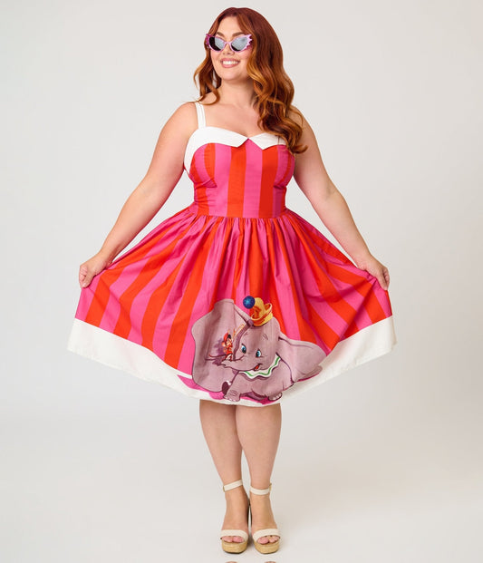 Disney Dumbo Collection by Unique Vintage Plus Size Red & Pink Stripe Dumbo Swing Dress