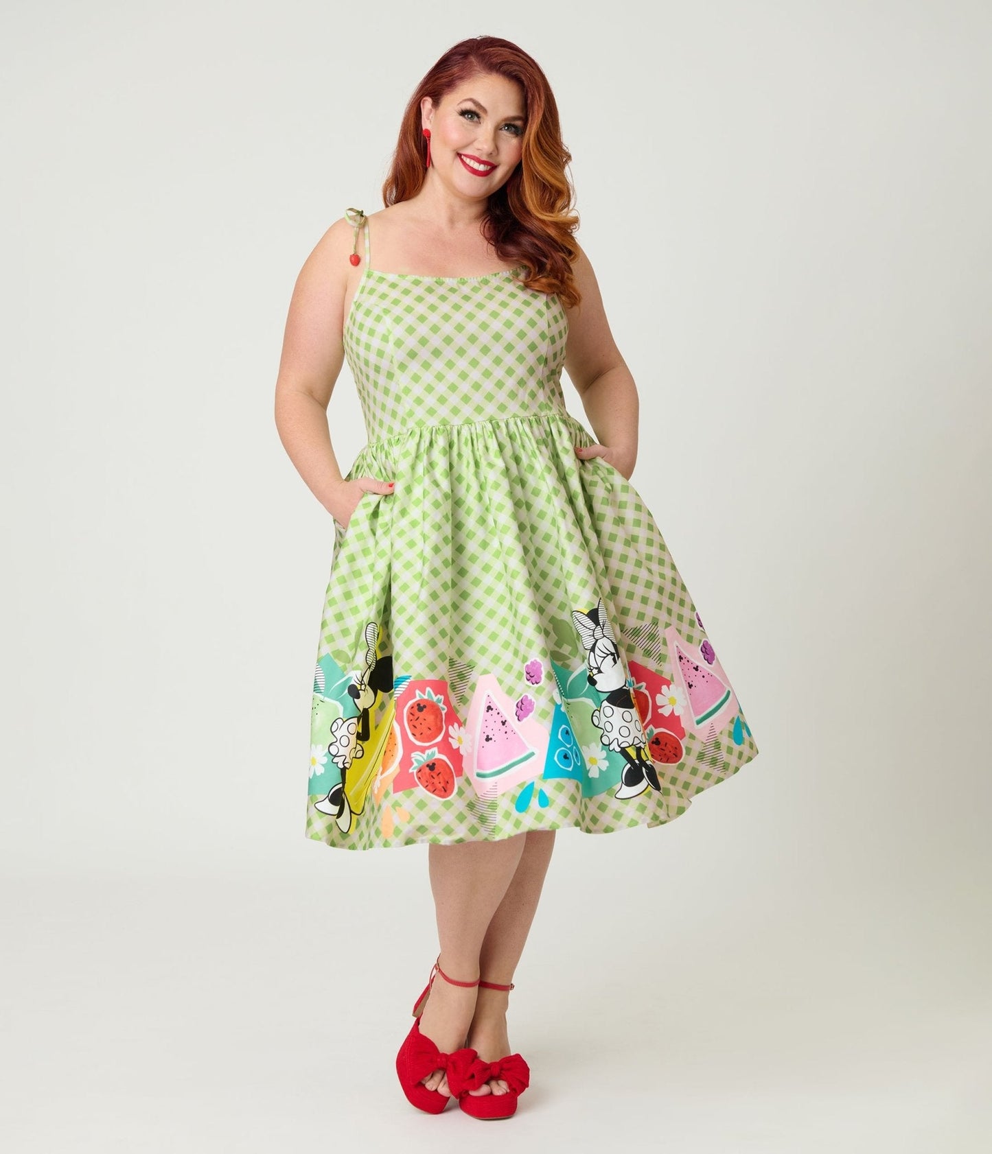 Disney Food Collection by Unique Vintage Plus Size Green Gingham Mickey Fruit Salad Swing Dress