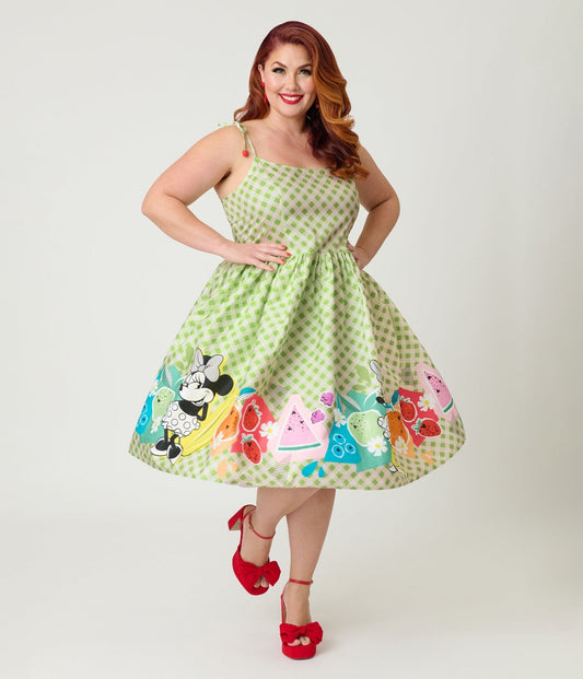 Disney Food Collection by Unique Vintage Plus Size Green Gingham Mickey Fruit Salad Swing Dress